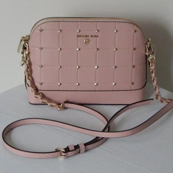 NWT Michael Kors Jet Set Charm LG Dome Crossbody Studs Quilted Leather Bag Rose